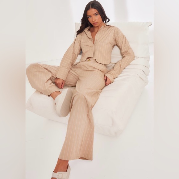 PrettyLittleThing Pants - PrettyLittleThing Beige Pinstripe Wide-Leg Pants